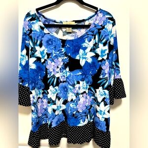 Diana Belle Blue Flowers Print black & polka dots ruffled trim Bell Sleeves L